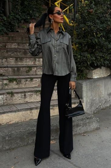 Chanel Saten Premium Çizgili Gömlek 3411 resmi